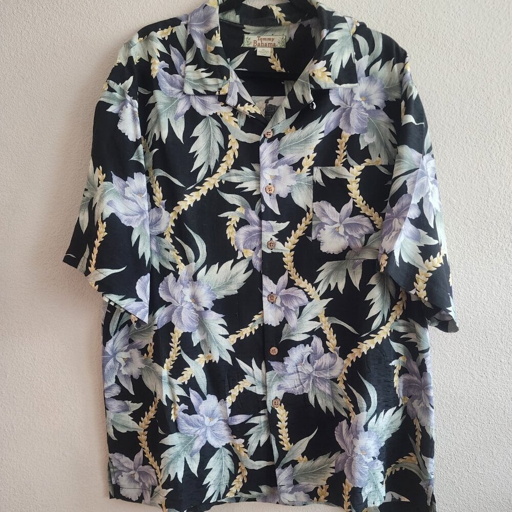 Tommy Bahama Mens Camp Button Up Shirt Short Sleeve Hawaiian Silk Black Size XL